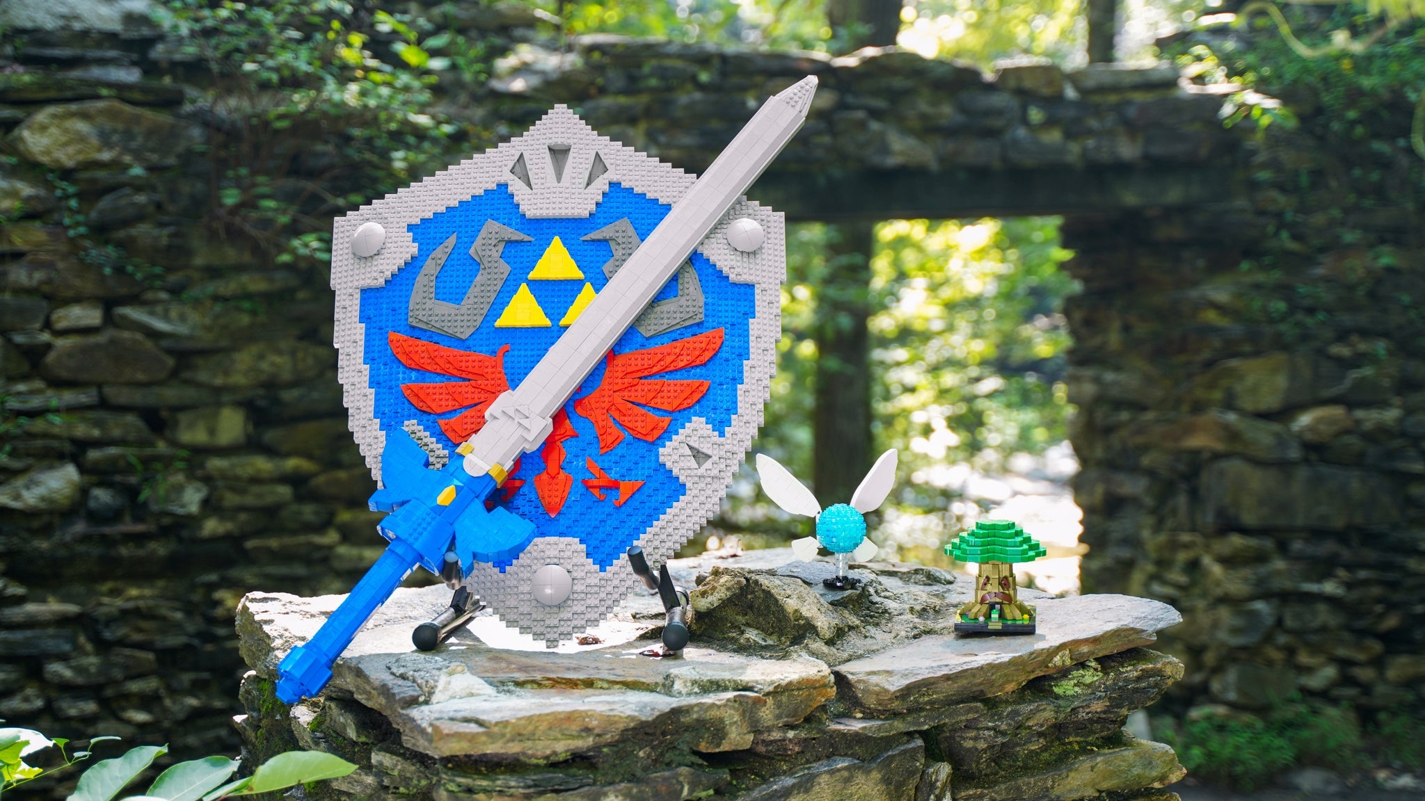 italian plumber and red mushroom sculptures built with lego bricks on the brick steps