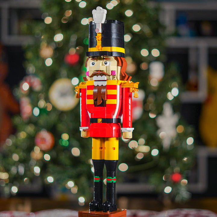 Nutcracker made of LEGO® Bricks by Bricker Builds in front of a christmas tree